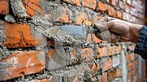 Hand Using a Trowel to Smooth Mortar Between Bricks photo