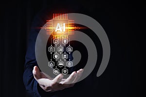 Hand with virtual for brain digital technology AI system development or big data knowledge learning innovation or future digital