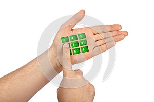 Hand with virtual phone buttons