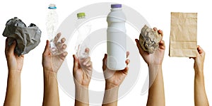 Hand of volunteer holding recyclable waste isolated on white background