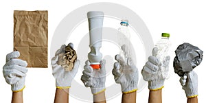 Hand of volunteer in White gloves holding recyclable waste isolated on white background
