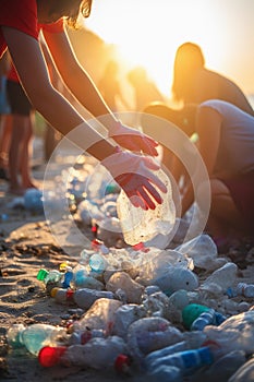 Hand of volunteers putting garbage on the beach
