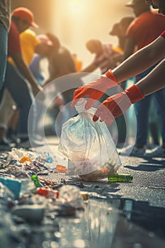 Hand of volunteers putting garbage on road, in the style of bokeh