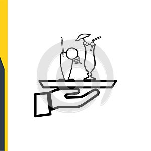The hand of a waiter with a padnose delivering cold drinks cocktails. Hotel and hotel service, line icon vector. Web icons