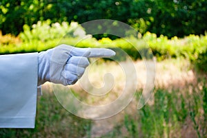 Hand of a waiter in a white glove showing a sign against a nature background