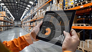the hand of a warehouse worker operates a tablet, managing a digital construction system with a dashboard, against the