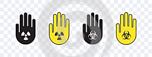 Hand warning about radiation or biological threat. Radiation signs. Warning sign. Vector scalable graphics