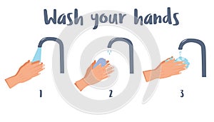 Hand wash, Clean hands on. Sign and symbols on trendy design. Coronavirus COVID-19 outbreak concept, how to protect yourself hand