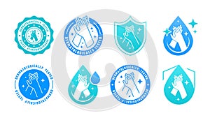 Hand wash icons. Cleansing gel logo. Alcohol drop for Covid shield. Dermatologically tested. Antiseptic or soap bottle photo