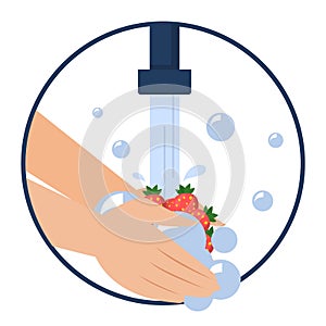 Hand washing berries vector isolated. Wash food