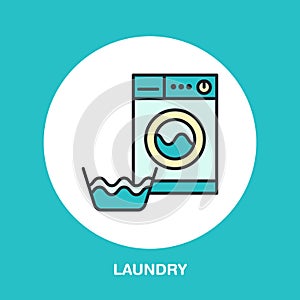 Hand washing of clothes and washing machine colored flat line icon.