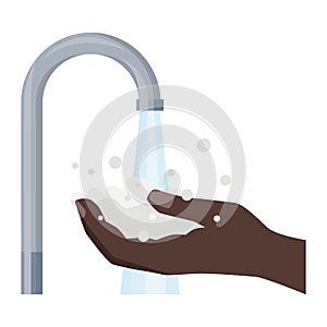 Hand washing. Dark-skinned hands with soap suds under the tap water. Decontamination of hands with soap.