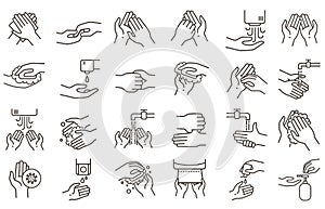 Hand washing and disinfection icons. Hands sanitizer, rub with soap and germs protection. Clean hands line icon for
