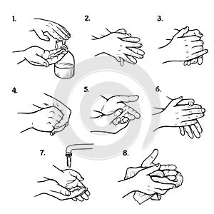 Hand washing instructions black and white illustrations set