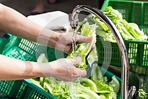 Hand washing leafy vegetable with running water in household sin