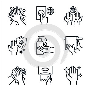 hand washing line icons. linear set. quality vector line set such as hygienic, tissue paper, tissue paper, bath towel, cleaning