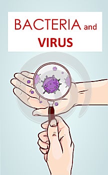 Hand washing magnifying glass bacteria virus hand concept of a magnifying glass zooming in on virus or bacteria cells on a a hand