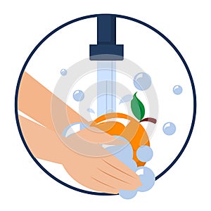 Hand washing orange vector isolated. Wash fruits