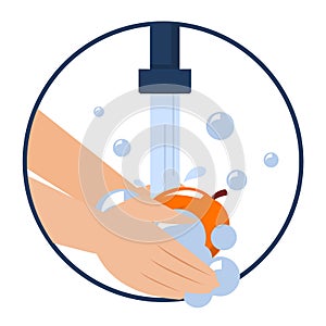 Hand washing peach vector isolated. Wash fruits