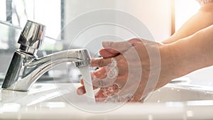 Hand washing rubbing with antibacteria liquid soap for disinfection, covid-19 protection, corona virus prevention and hygiene