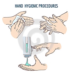 Hand washing, sanitizer disinfectant, cleaning hands using antibacterial wipes photo
