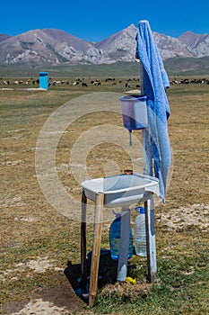 Hand washing sink at the National Horse Games Festival at the shores of Son Kol Lake, Kyrgyzst