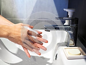 Hand washing soap cleaning health care human asian woman