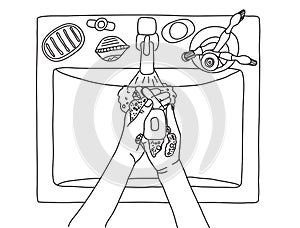 Hand washing soap sink water top view black and white