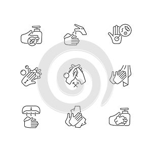 Hand washing steps linear icons set