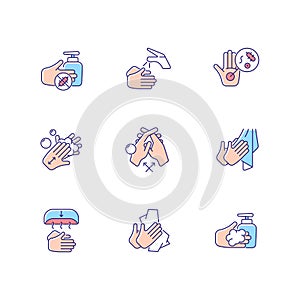 Hand washing steps RGB color icons set