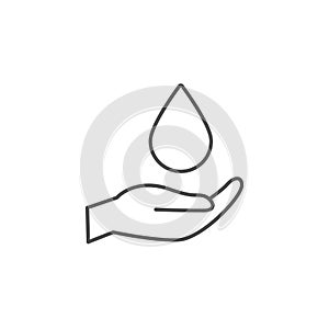 Hand water drop dermatology vector icon logo. Water drop on hand dermatologist clean test concept.