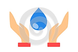 Hand and water drop icon. Save clean water symbol