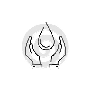 Hand and water drop line icon. Simple element illustration. Hand and water drop line symbol design from Ecology collection set. Ca