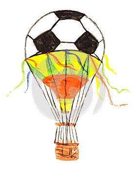 Hand watercolor drawing of a football soccer ball pattern in a hot air balloon isolated on white