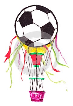 Hand watercolor drawing of a football soccer ball pattern in a hot air balloon isolated on white