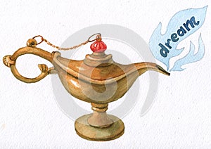 Hand watercolor illustration of magical Aladdin's genie lamp.