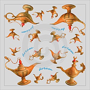 Hand watercolor illustration of magical Aladdin's genie lamp from the Arabian Nights. Gray background, design 2.