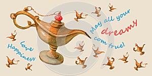 Hand watercolor illustration of magical Aladdin's genie lamp. Pale yellow background, Postcard.