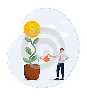 Hand with watering can. Hand businessman watering plant money on white background. Business investment growth concept