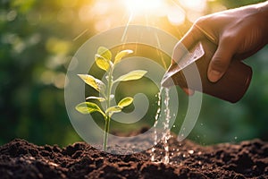 Hand watering seedling growing step in garden with sunshine. Concept of business growth, profit, development and success. Start-up