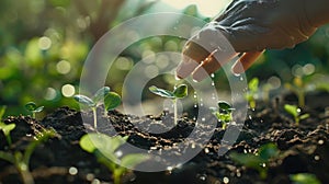 Hand Watering Small Seedlings. AI generated