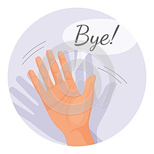 Hand waving goodbye vector illustration in round circle isolated