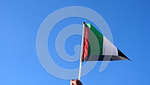 Hand waving Palestine flag clear blue sky close up view.