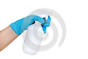 Hand wearing blue glove holding a white plastic spray bottle for cleaning isolated on white background with copy space clippling