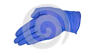 Hand wearing blue nitrile examination glove makes a cut gesture.  Nonverbal hand signal for dermatological surgery