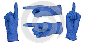 Hand wearing blue nitrile examination glove makes a pointing in a straight line gesture