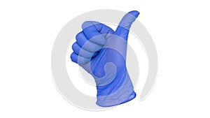 Hand wearing blue nitrile examination glove makes a thumbs up gesture