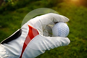Hand-wearing golf glove holding a white golf ball on green background Large copy-space for title and text