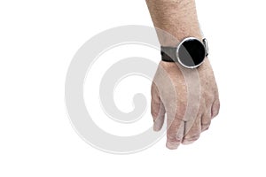 Hand wearing smartwatch isolated on pure white background. Copy space