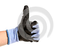 Hand wearing working protective glove giving the thumbs up sign isolated on white background